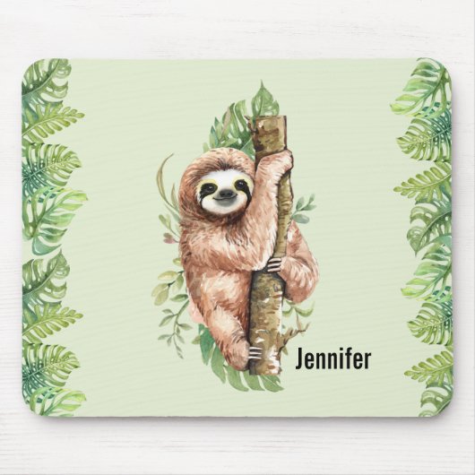 Cute Waterverf Sloth & Tropical Leaves Muismat (Voorkant)