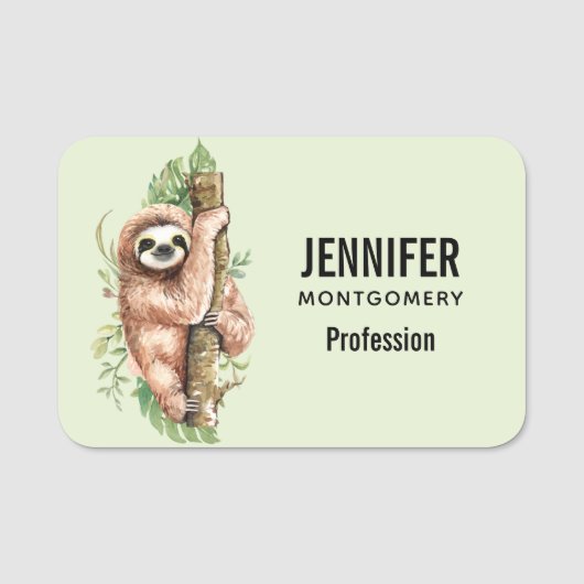 Cute Waterverf Sloth & Tropical Leaves Naamplaatje (Voorkant)