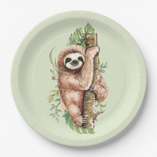 Cute Waterverf Sloth & Tropical Leaves Papieren Bordje (Voorkant)