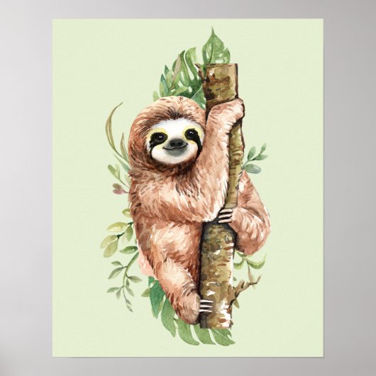 Cute Waterverf Sloth & Tropical Leaves Poster (Voorkant)