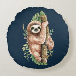 Cute Waterverf Sloth & Tropical Leaves Rond Kussen