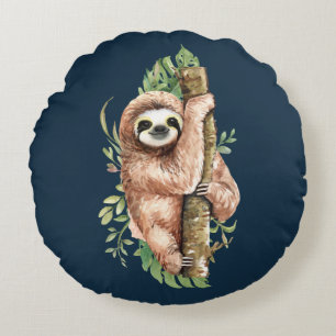 Cute Waterverf Sloth & Tropical Leaves Rond Kussen