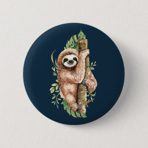 Cute Waterverf Sloth & Tropical Leaves Ronde Button 5,7 Cm