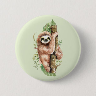 Cute Waterverf Sloth & Tropical Leaves Ronde Button 5,7 Cm