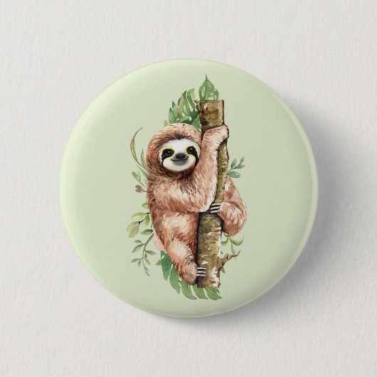 Cute Waterverf Sloth & Tropical Leaves Ronde Button 5,7 Cm (Voorkant)