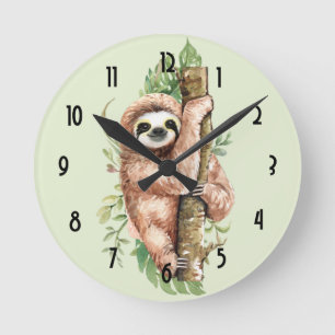 Cute Waterverf Sloth & Tropical Leaves Ronde Klok