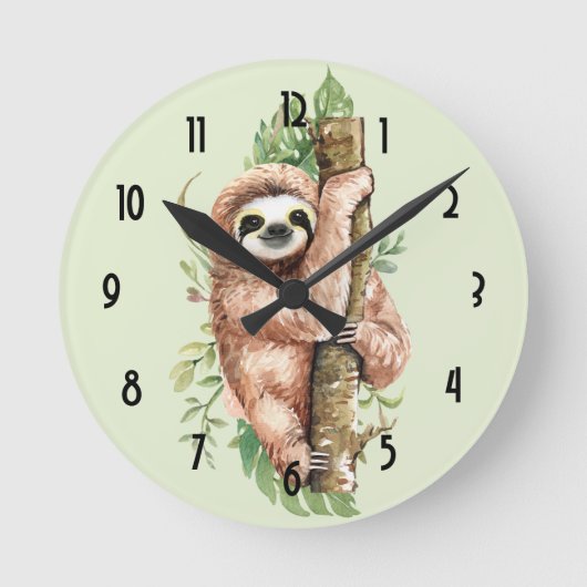 Cute Waterverf Sloth & Tropical Leaves Ronde Klok (Voorkant)