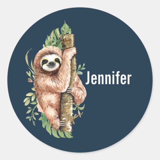 Cute Waterverf Sloth & Tropical Leaves Ronde Sticker (Voorkant)
