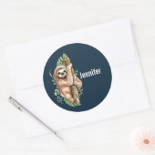 Cute Waterverf Sloth & Tropical Leaves Ronde Sticker (Envelop)