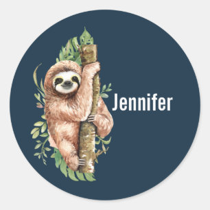 Cute Waterverf Sloth & Tropical Leaves Ronde Sticker