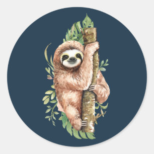 Cute Waterverf Sloth & Tropical Leaves Ronde Sticker