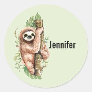Cute Waterverf Sloth & Tropical Leaves Ronde Sticker