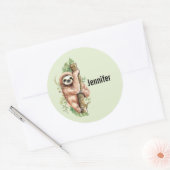 Cute Waterverf Sloth & Tropical Leaves Ronde Sticker (Envelop)