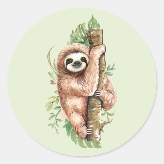 Cute Waterverf Sloth & Tropical Leaves Ronde Sticker (Voorkant)