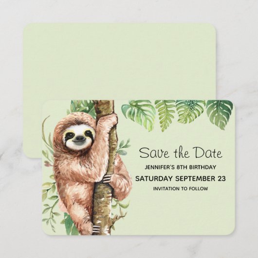 Cute Waterverf Sloth & Tropical Leaves Save The Date (Voorkant / Achterkant)