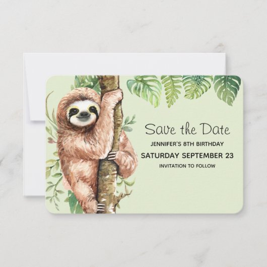 Cute Waterverf Sloth & Tropical Leaves Save The Date (Voorkant)