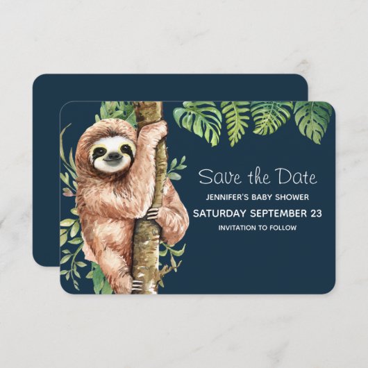 Cute Waterverf Sloth & Tropical Leaves Save The Date (Voorkant / Achterkant)