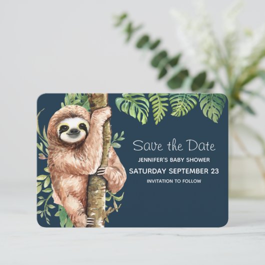 Cute Waterverf Sloth & Tropical Leaves Save The Date (Staand voorkant)