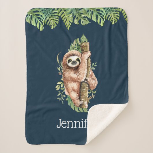 Cute Waterverf Sloth & Tropical Leaves Sherpa Deken (Voorkant)