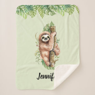Cute Waterverf Sloth & Tropical Leaves Sherpa Deken