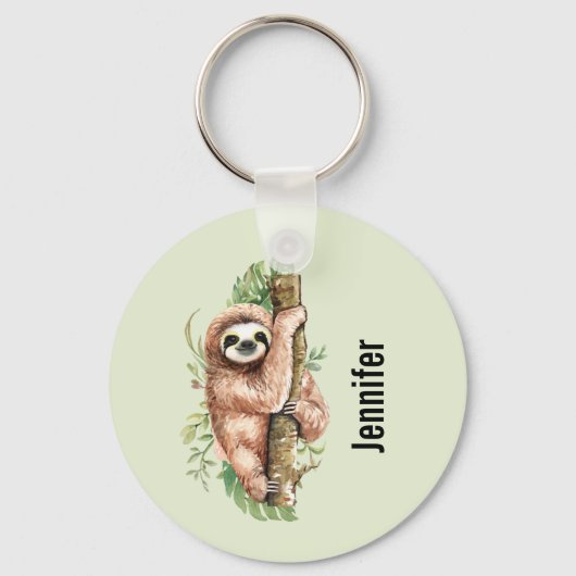 Cute Waterverf Sloth & Tropical Leaves Sleutelhanger (Voorkant)