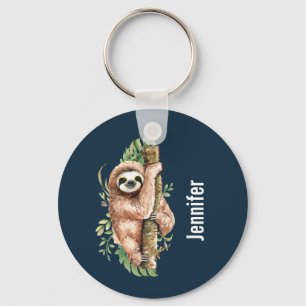 Cute Waterverf Sloth & Tropical Leaves Sleutelhanger