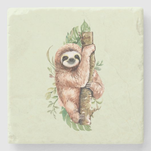 Cute Waterverf Sloth & Tropical Leaves Stenen Onderzetter (Voorkant)