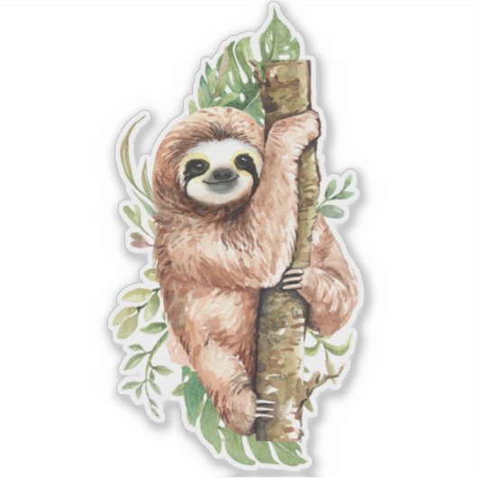 Cute Waterverf Sloth & Tropical Leaves Sticker (Voorkant)
