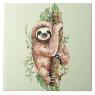 Cute Waterverf Sloth & Tropical Leaves Tegeltje