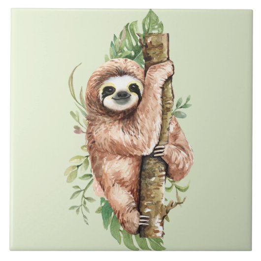 Cute Waterverf Sloth & Tropical Leaves Tegeltje (Voorkant)