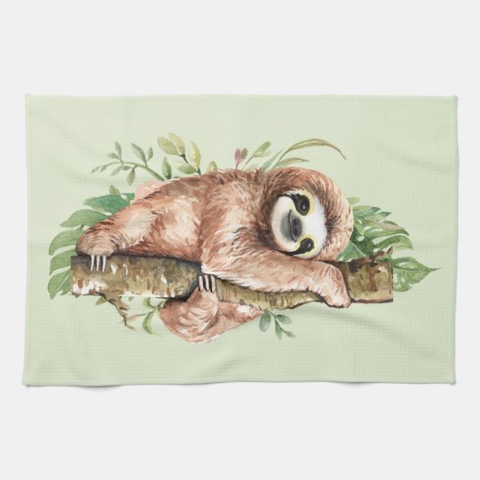 Cute Waterverf Sloth & Tropical Leaves Theedoek (Horizontaal)