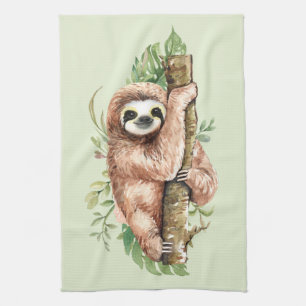 Cute Waterverf Sloth & Tropical Leaves Theedoek