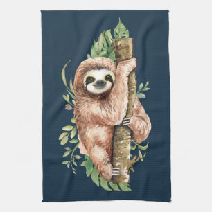 Cute Waterverf Sloth & Tropical Leaves Theedoek