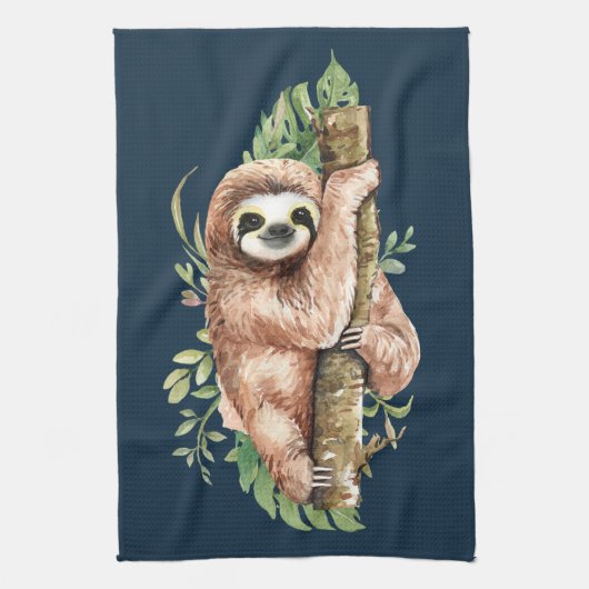 Cute Waterverf Sloth & Tropical Leaves Theedoek (Verticaal)