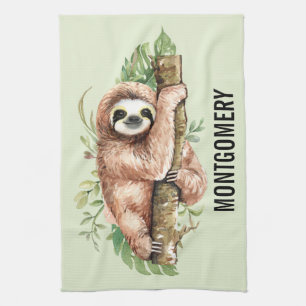 Cute Waterverf Sloth & Tropical Leaves Theedoek