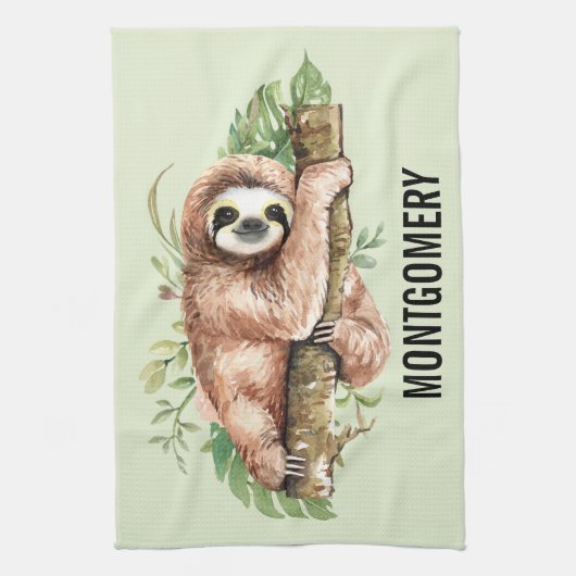 Cute Waterverf Sloth & Tropical Leaves Theedoek (Verticaal)