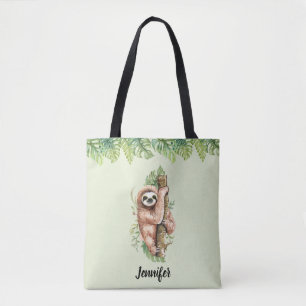 Cute Waterverf Sloth & Tropical Leaves Tote Bag