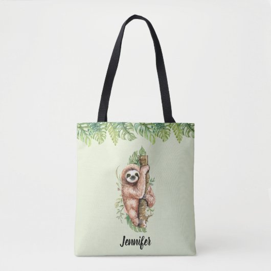 Cute Waterverf Sloth & Tropical Leaves Tote Bag (Voorkant)