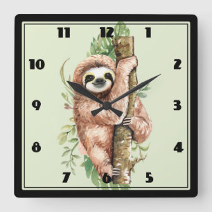 Cute Waterverf Sloth & Tropical Leaves Vierkante Klok