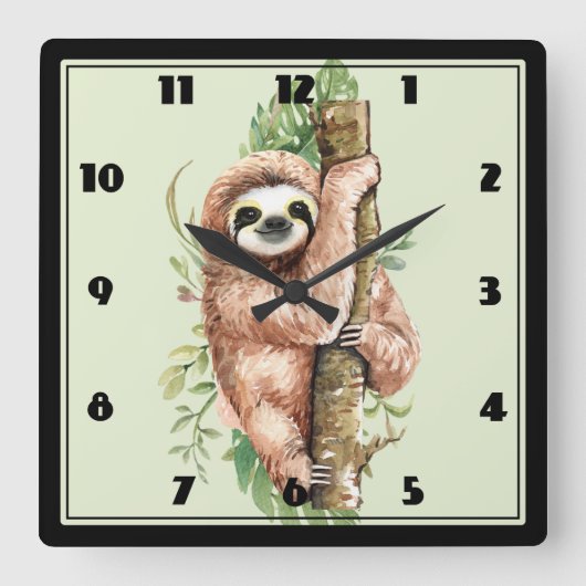 Cute Waterverf Sloth & Tropical Leaves Vierkante Klok (Voorkant)