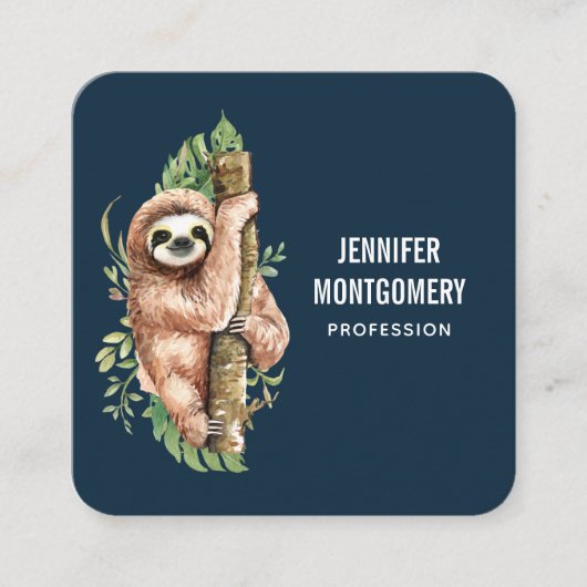 Cute Waterverf Sloth & Tropical Leaves Vierkante Visitekaartje (Voorkant)