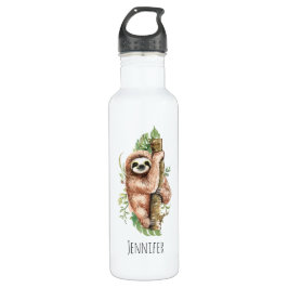 Cute Waterverf Sloth & Tropical Leaves Waterfles