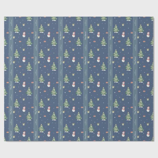 Cute Waterverf Snowman Pattern Blue Kerstmis Cadeaupapier (Vlak)
