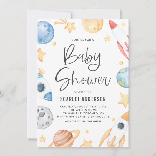 Cute Waterverf Space Theme Baby shower Kaart (Voorkant)