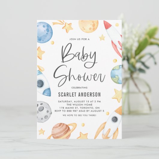 Cute Waterverf Space Theme Baby shower Kaart (Staand voorkant)