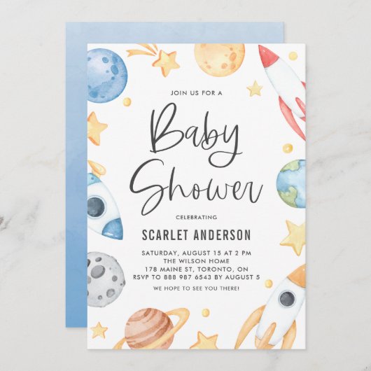 Cute Waterverf Space Theme Baby shower Kaart (Voorkant / Achterkant)
