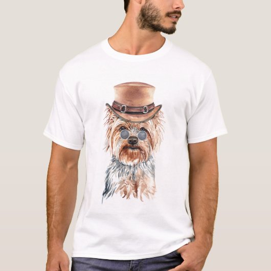 Cute Waterverf Steampunk Yorkshire Terrier T-shirt (Voorkant)