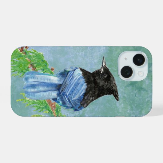 Cute Waterverf Stellar Jay Bird Wildlife Art iPhone 15 Case (Achterkant horizontaal)