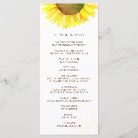 Cute Waterverf Sunflower Wedding Programmakaart (Achterkant)