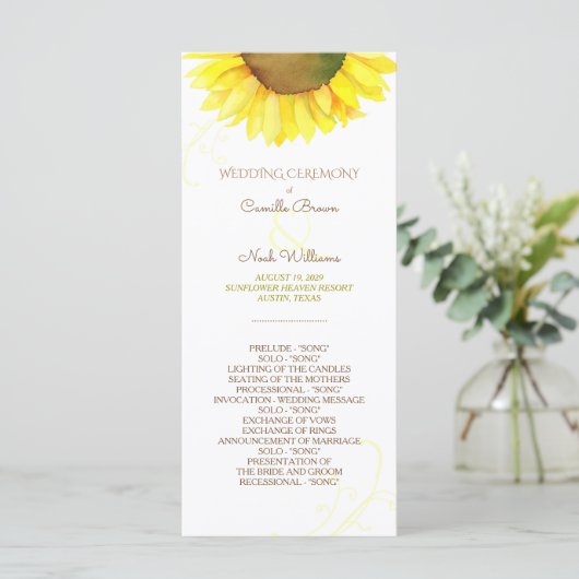 Cute Waterverf Sunflower Wedding Programmakaart (Staand voorkant)